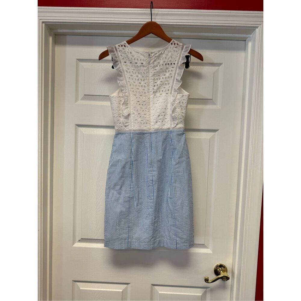 Lilly Pulitzer Maya Shift Dress in Coastal Blue Seersucker & White Eyelet Sz 0 N - Picture 7 of 11